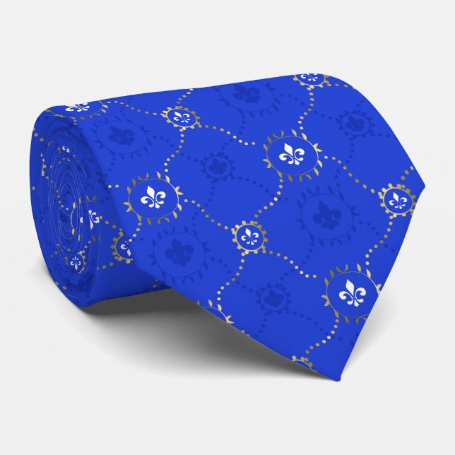 Royal Blue Fleur de Lis, French Lili pattern Tie (Rolled)