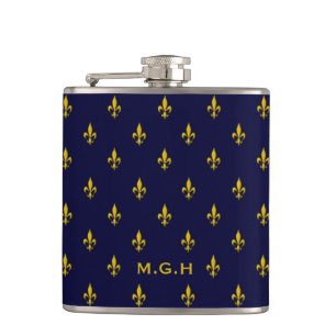 Royal Blue Fleur De Lis Pattern Monogram Hip Flask