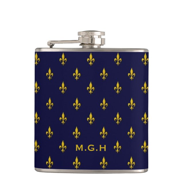 Royal Blue Fleur De Lis Pattern Monogram Hip Flask (Front)