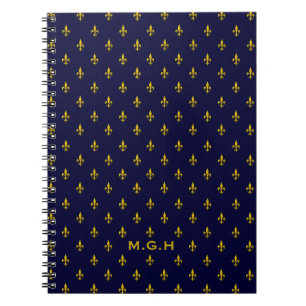Royal Blue Fleur De Lis Pattern Monogram Notebook