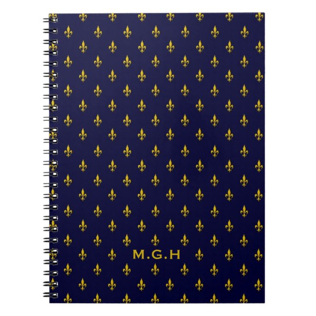 Royal Blue Fleur De Lis Pattern Monogram Notebook (Front)