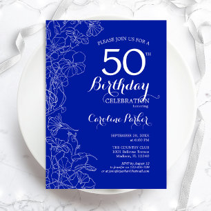 Royal Blue Floral 50th Birthday Party Invitation