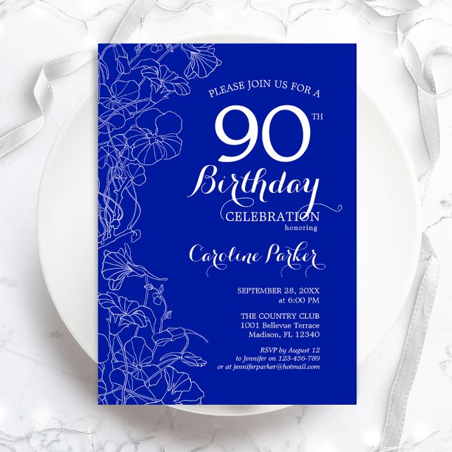 Royal Blue Floral 90th Birthday Party Invitation (Creator Uploaded)