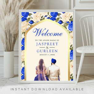 Royal Blue Floral Anand Karaj Wedding Welcome Sign