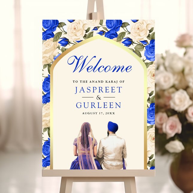 Royal Blue Floral Anand Karaj Wedding Welcome Sign (Creator Uploaded)