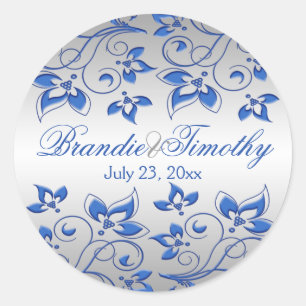 Royal Blue Floral and Silver 1.5" Round Sticker