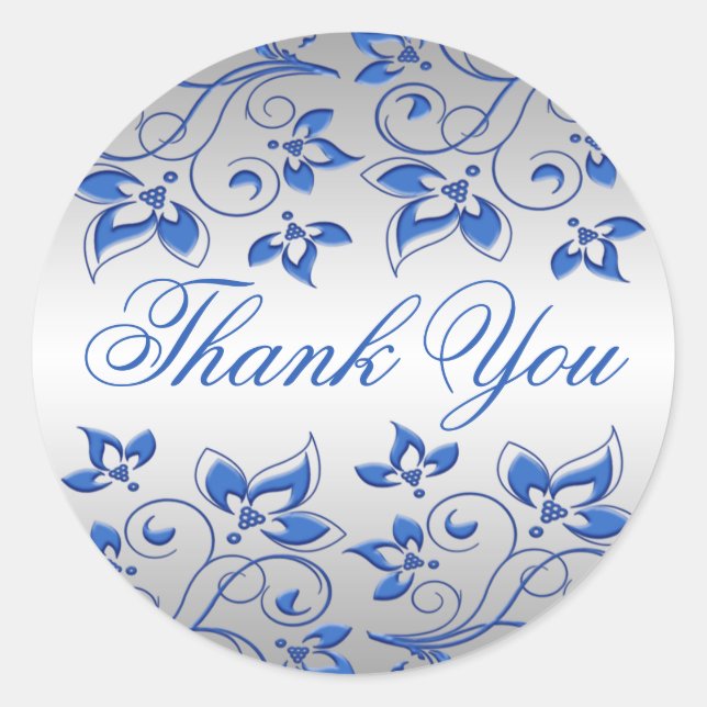 Royal Blue Floral and Silver Thank You Sticker (Front)