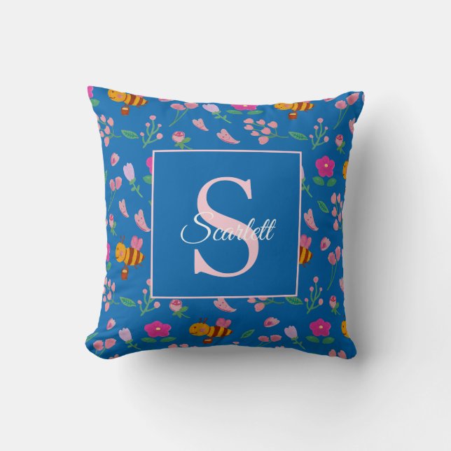 Royal Blue Floral Bee Pattern Monogram Name Cushion (Front)