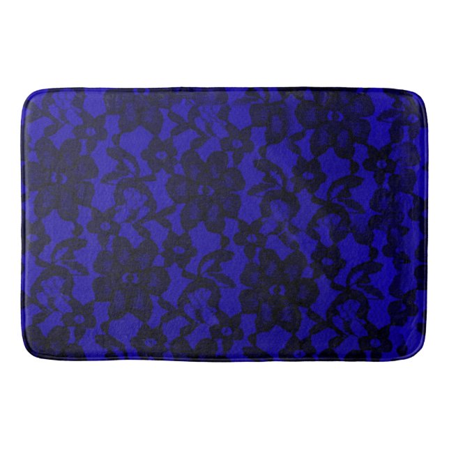 Royal Blue Floral Black Lace Bath Mat (Front)