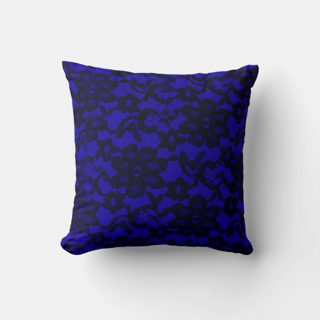 Royal Blue Floral Black Lace Throw Pillow (Front)