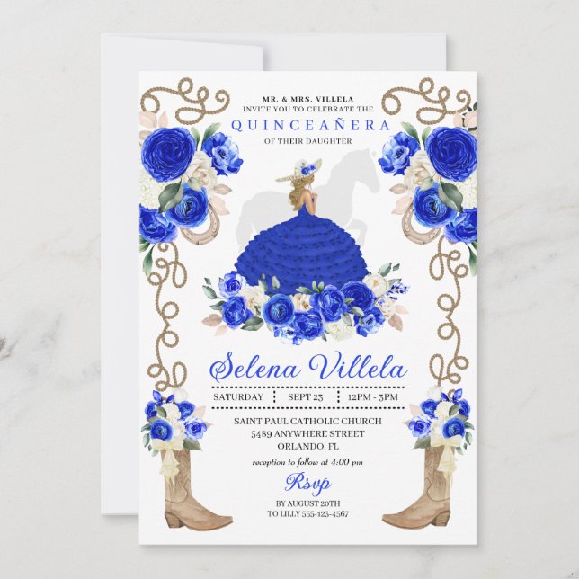 Royal Blue Floral Boots Roses Charro Quinceañera Invitation (Front)