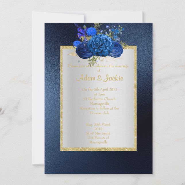 ROYAL BLUE Floral bouquet ELEGANT CLASSY WEDDING Invitation (Front)