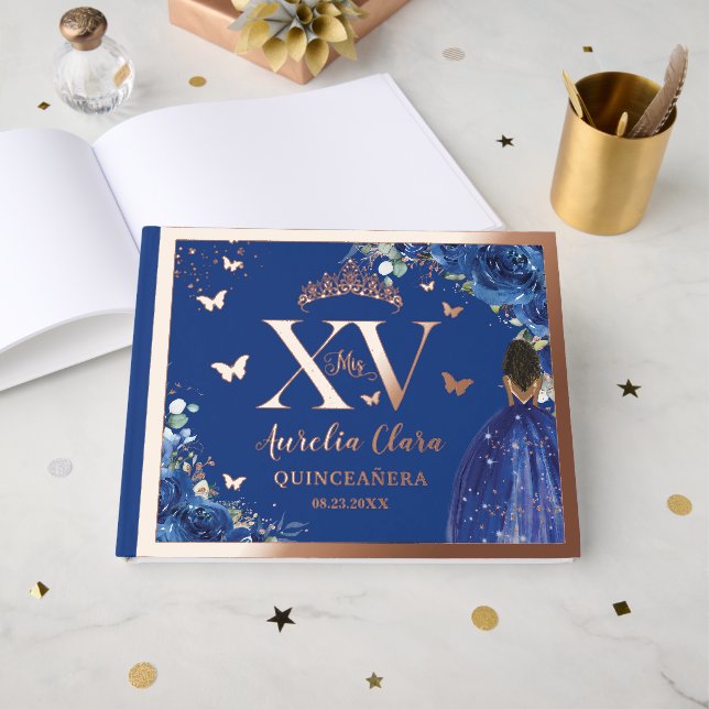 Royal Blue Floral Brown Girl Quinceañera Rose Gold Guest Book (Front Open)