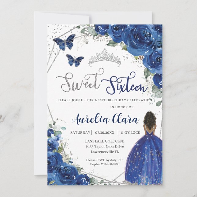 Royal Blue Floral Brown Princess Sweet 16 Birthday Invitation (Front)
