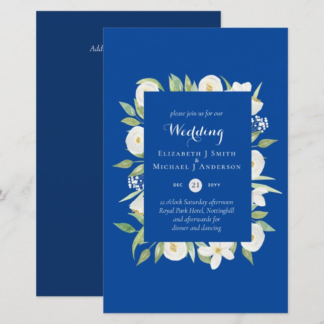 Royal Blue Floral Budget Wedding Invite A9 (Front/Back)
