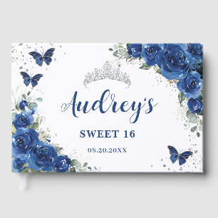 Royal Blue Floral Butterflies 15th 16th Birthday Guest Book