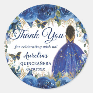 Royal Blue Floral Butterflies Brown Princess Favou Classic Round Sticker