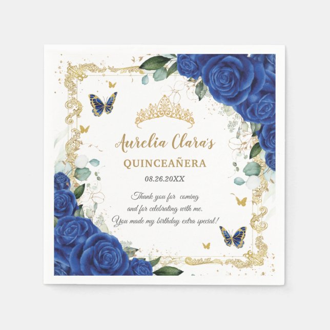 Royal Blue Floral Butterflies Gold Quinceañera 16  Napkin (Front)