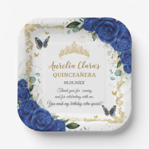 Royal Blue Floral Butterflies Gold Quinceañera 16  Paper Plate