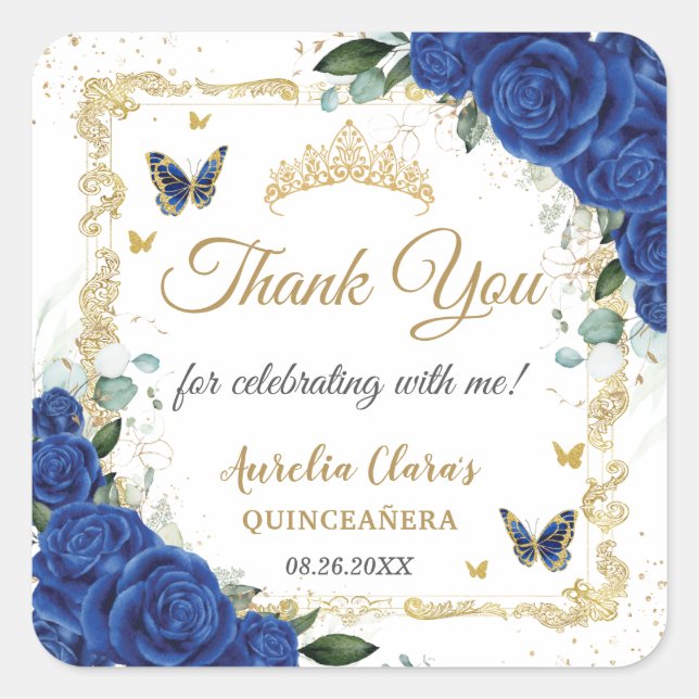 Royal Blue Floral Butterflies Gold Quinceañera 16  Square Sticker (Front)