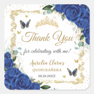 Royal Blue Floral Butterflies Gold Quinceañera 16  Square Sticker