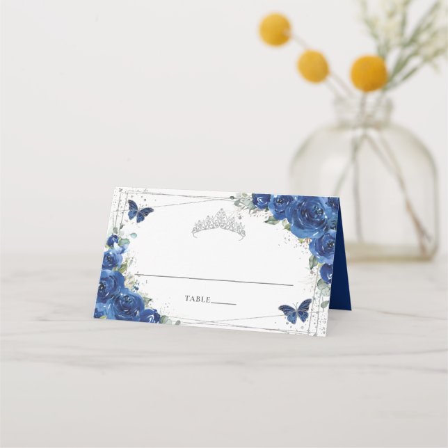 Royal Blue Floral Butterflies Quinceañera Birthday Place Card (Front)