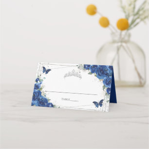 Royal Blue Floral Butterflies Quinceañera Birthday Place Card