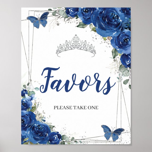 Royal Blue Floral Butterflies Quinceañera Favours Poster (Front)