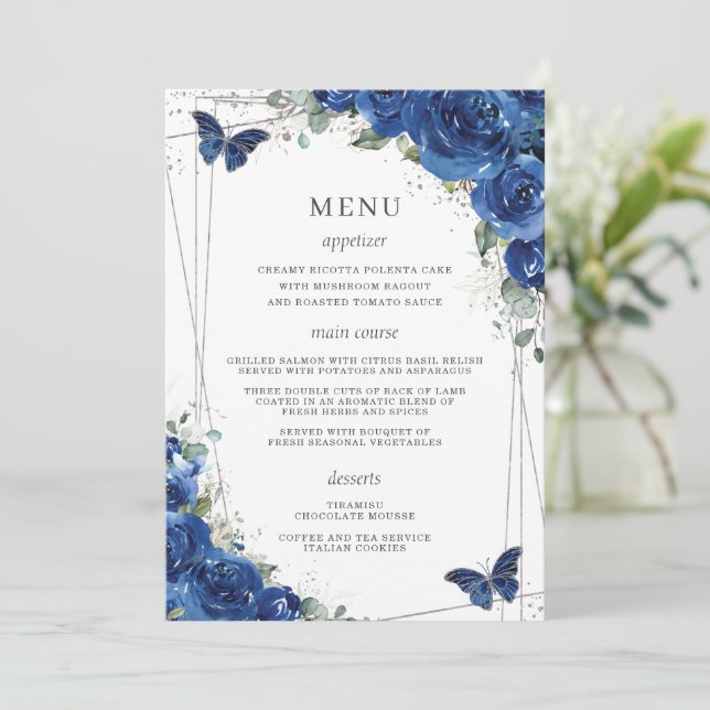 Royal Blue Floral Butterflies Quinceanera Menu (Standing Front)