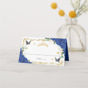 Royal Blue Floral Butterflies Quinceañera Sweet 16 Place Card