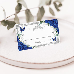 Royal Blue Floral Butterflies Quinceañera Sweet 16 Place Card