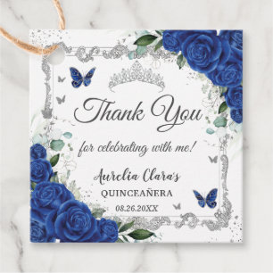 Royal Blue Floral Butterflies Silver Quinceañera Favour Tags