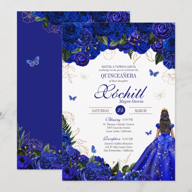 Royal Blue Floral Butterfly Elegant Quinceañera Invitation (Front/Back)