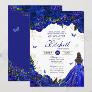 Royal Blue Floral Butterfly Elegant Quinceañera Invitation