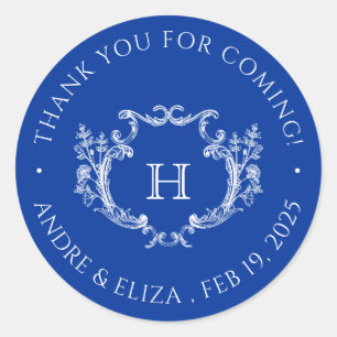 Royal Blue Floral Crest Monogram Wedding Sticker