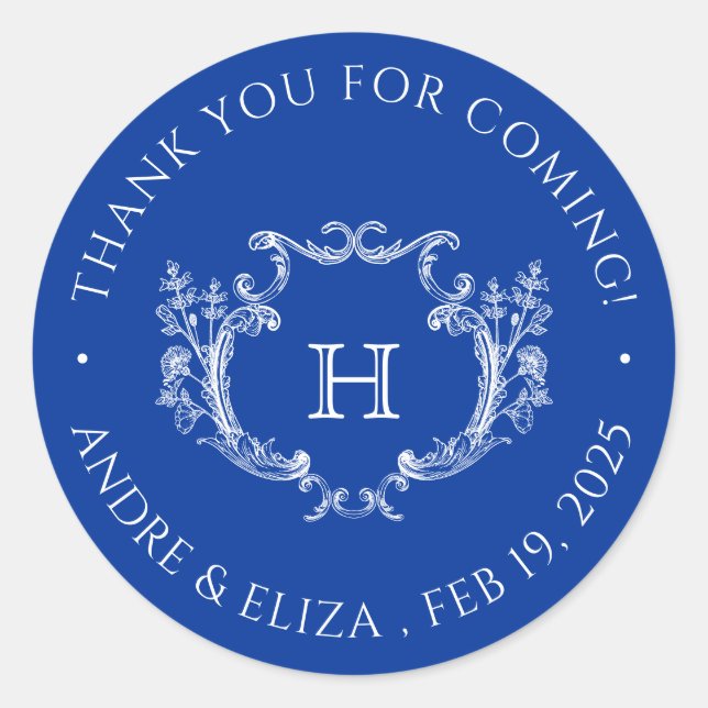 Royal Blue Floral Crest Monogram Wedding Sticker (Front)