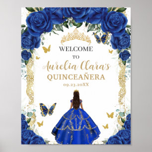 Royal Blue Floral Dress Quinceañera Vintage Gold Poster