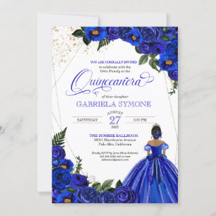 Royal Blue Floral Elegant Dress Gown Quinceanera Invitation