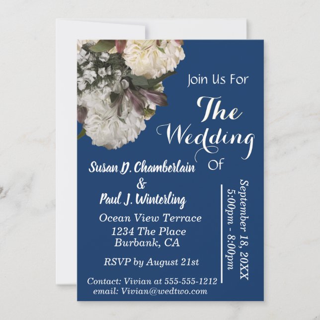 Royal Blue Floral Elegant Wedding Invitation (Front)