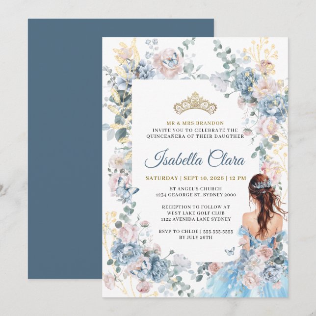 Royal Blue Floral Garden Quinceanera Invitation (Front/Back)