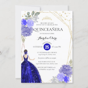 Royal Blue Floral Geometric Photo Quinceañera Invitation