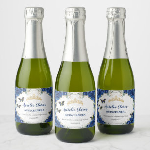 Royal Blue Floral Gold Butterflies Quinceañera Sparkling Wine Label