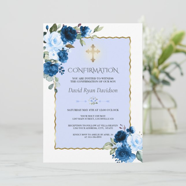 Royal Blue Floral Gold Cross Boy Confirmation  Invitation (Standing Front)