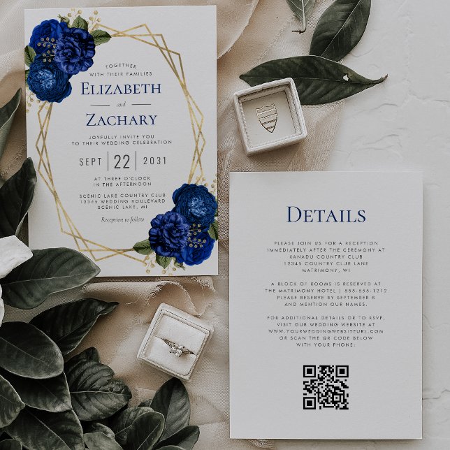 Royal Blue Floral Gold Geo QR Code Wedding Invitation (Creator Uploaded)