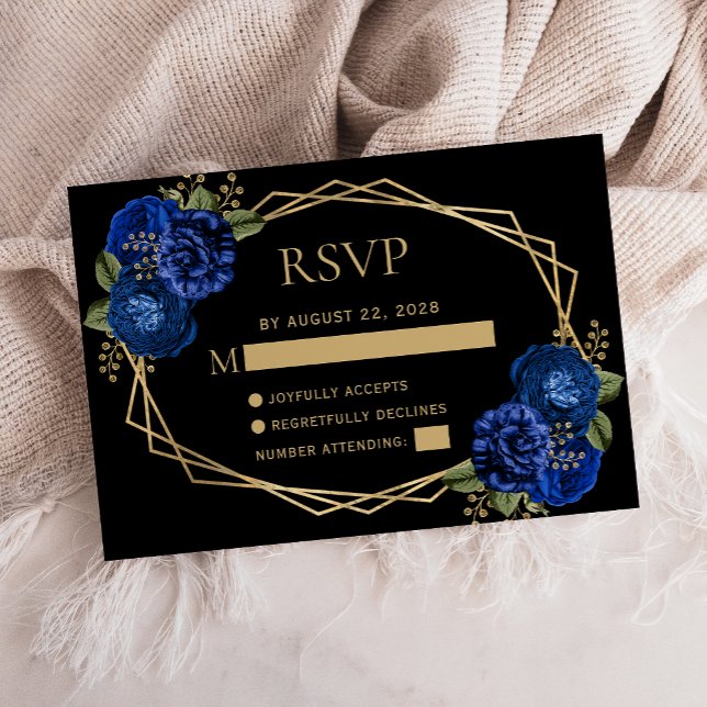 Royal Blue Floral Gold Geometric Black Wedding RSVP Card (Creator Uploaded)