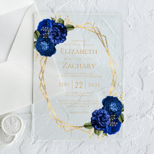 Royal Blue Floral Gold Geometric Wedding Acrylic Invitations