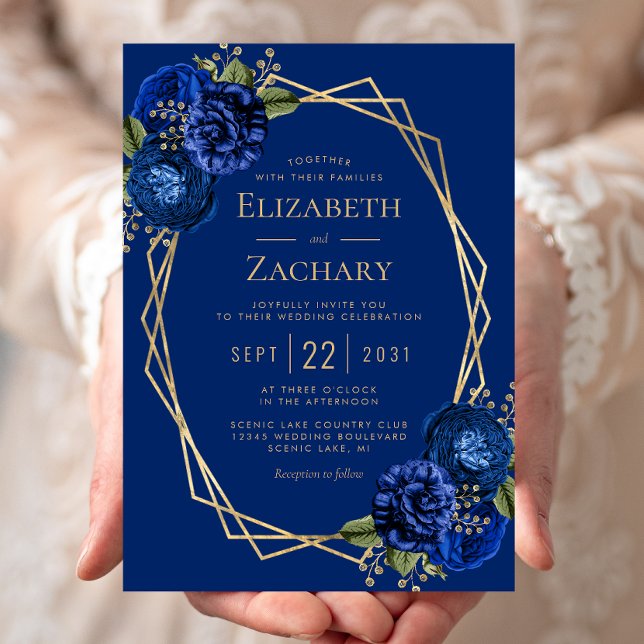 Royal Blue Floral Gold Geometric Wedding Invitation (Creator Uploaded)