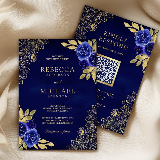 Royal Blue Floral Gold Lace QR Code Wedding Invitation (Creator Uploaded)