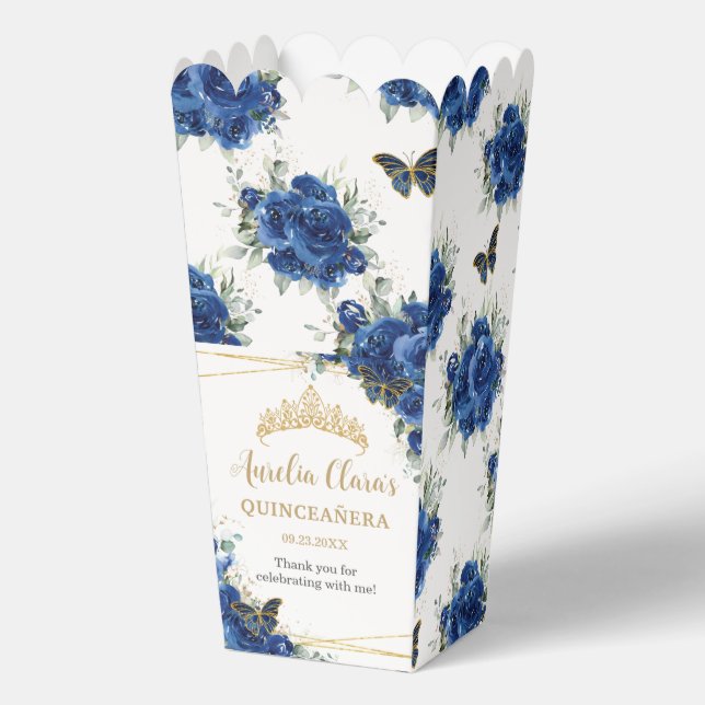 Royal Blue Floral Gold Quinceañera 16 Butterflies Favour Box (Front)