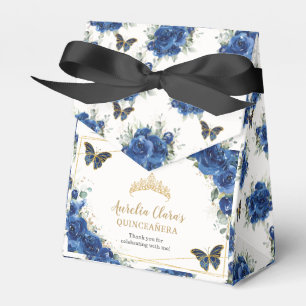 Royal Blue Floral Gold Quinceañera 16 Butterflies Favour Box